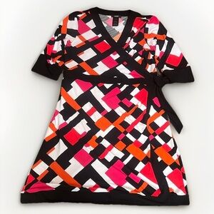 Alfani Wrap Print Stretch Dress Pink Orange Black sz L